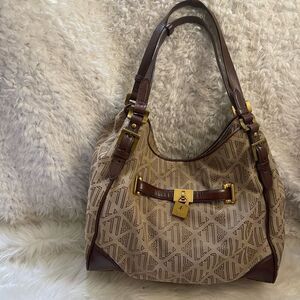 Ralph Lauren Logo Canvas khaki&brown Hobo Bag leather brown straps brass accents